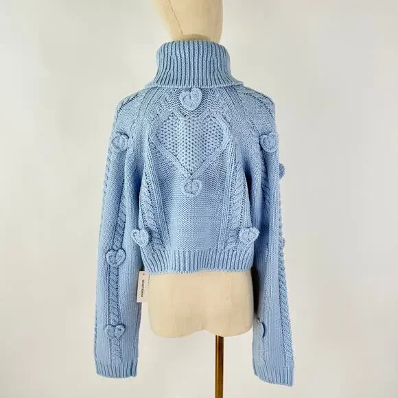 NWT FOR LOVE & LEMONS Rebecca Heart Sweater Size S & M in Blue Knit Turtle Neck - Picture 7 of 11